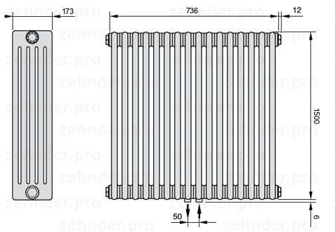 Схема (чертеж) Радиатор Zehnder Charleston 5150/16 №5410 Белый глянцевый RAL 9016